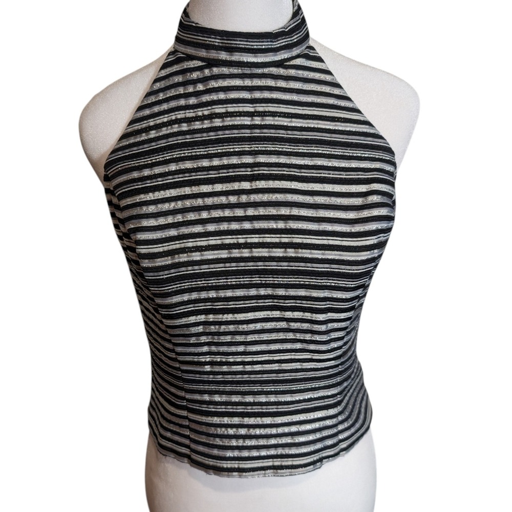 Xscape Lawrence Kurtz Metallic Silver Black Striped Halter Top Mock Neck‎ Size 8